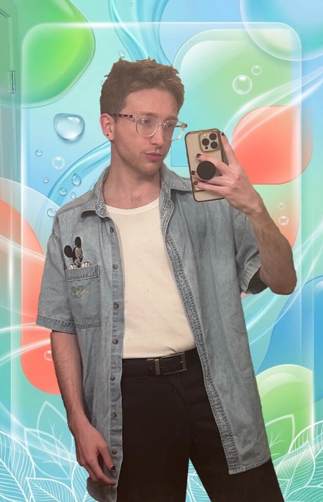 Selfie of McKenzi Norris with a Frutiger Aero landscape background